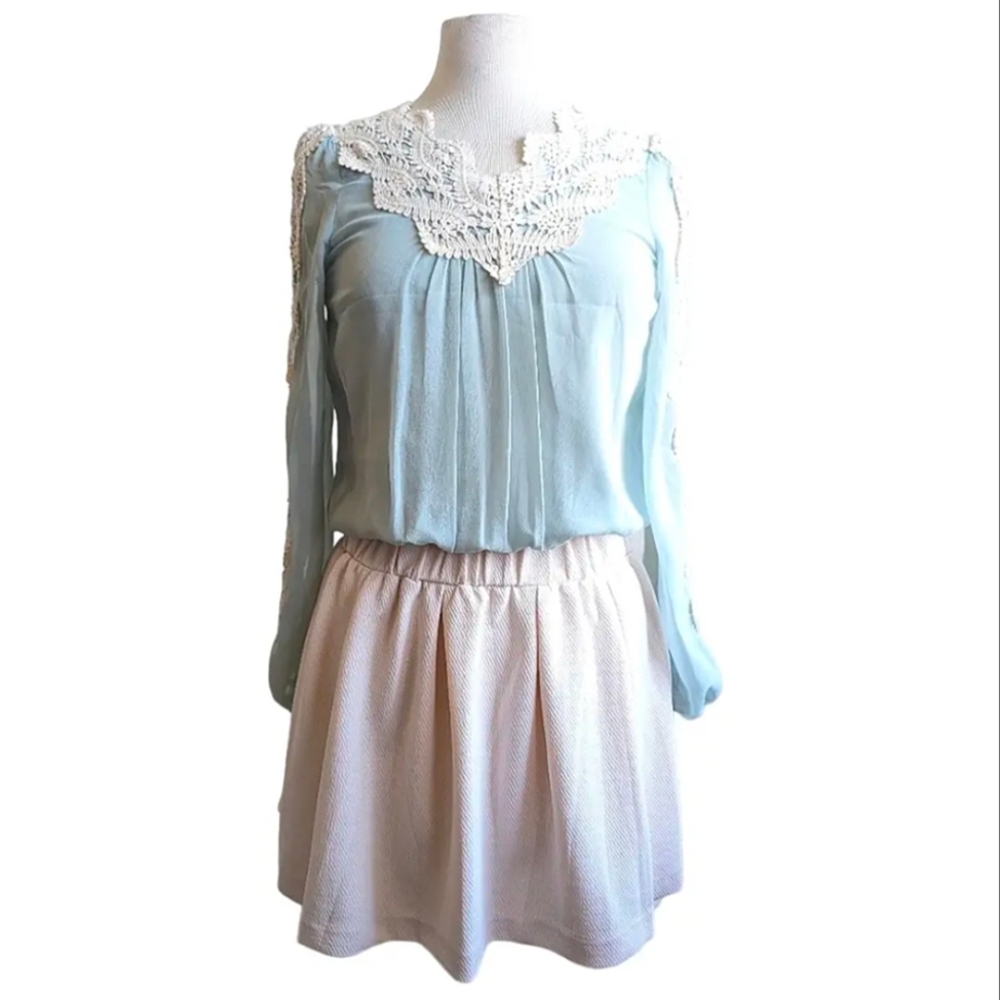 Laguna Moon Chiffon & Lace Mini Dress Women's Size Small Tiffany Blue